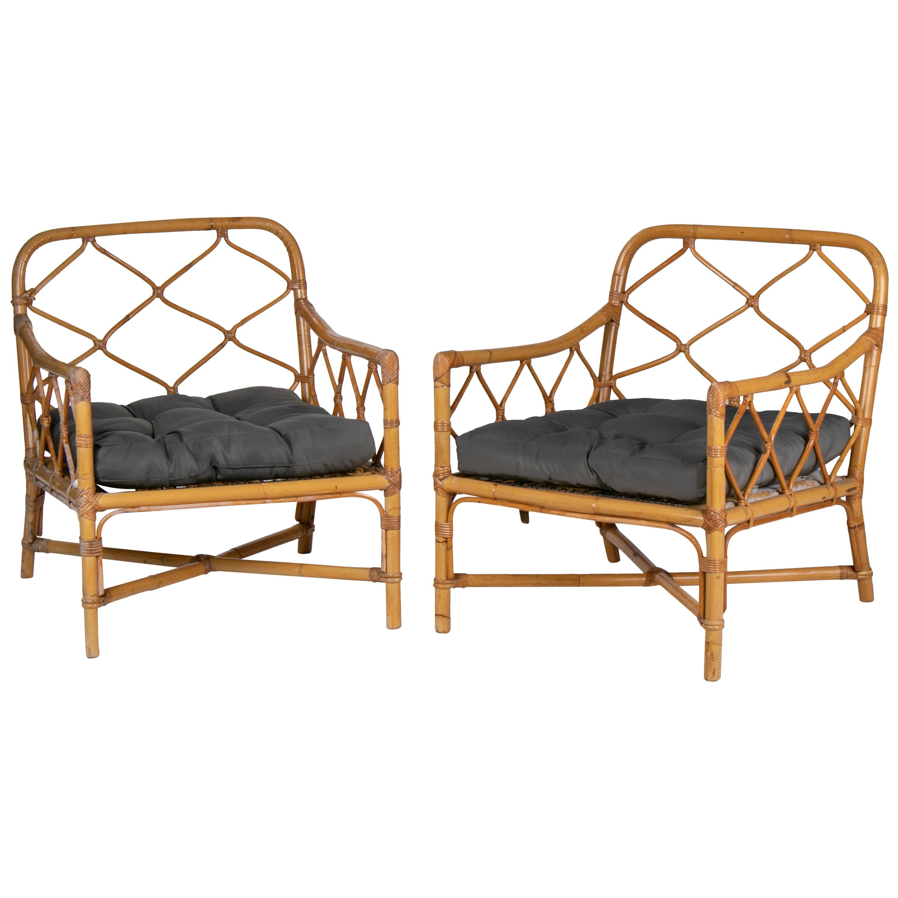 1980s Pair of Bamboo and Canework Armchairs