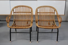 1980s Pair of Bamboo and Canework Armchairs with Iron Legs