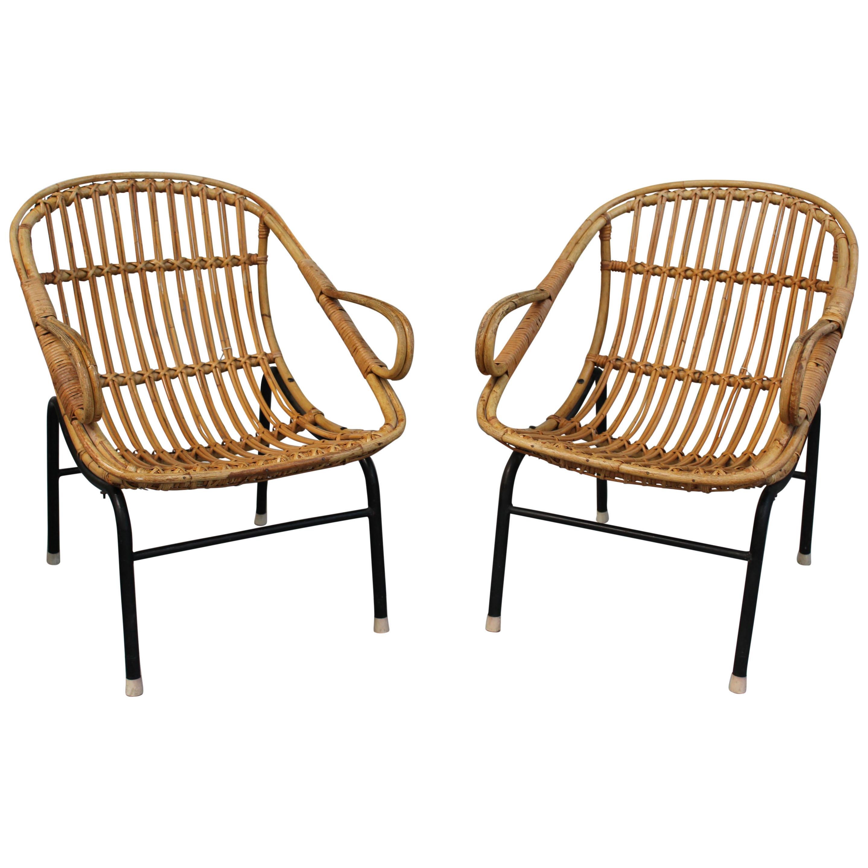 1980s Pair of Bamboo and Canework Armchairs with Iron Legs