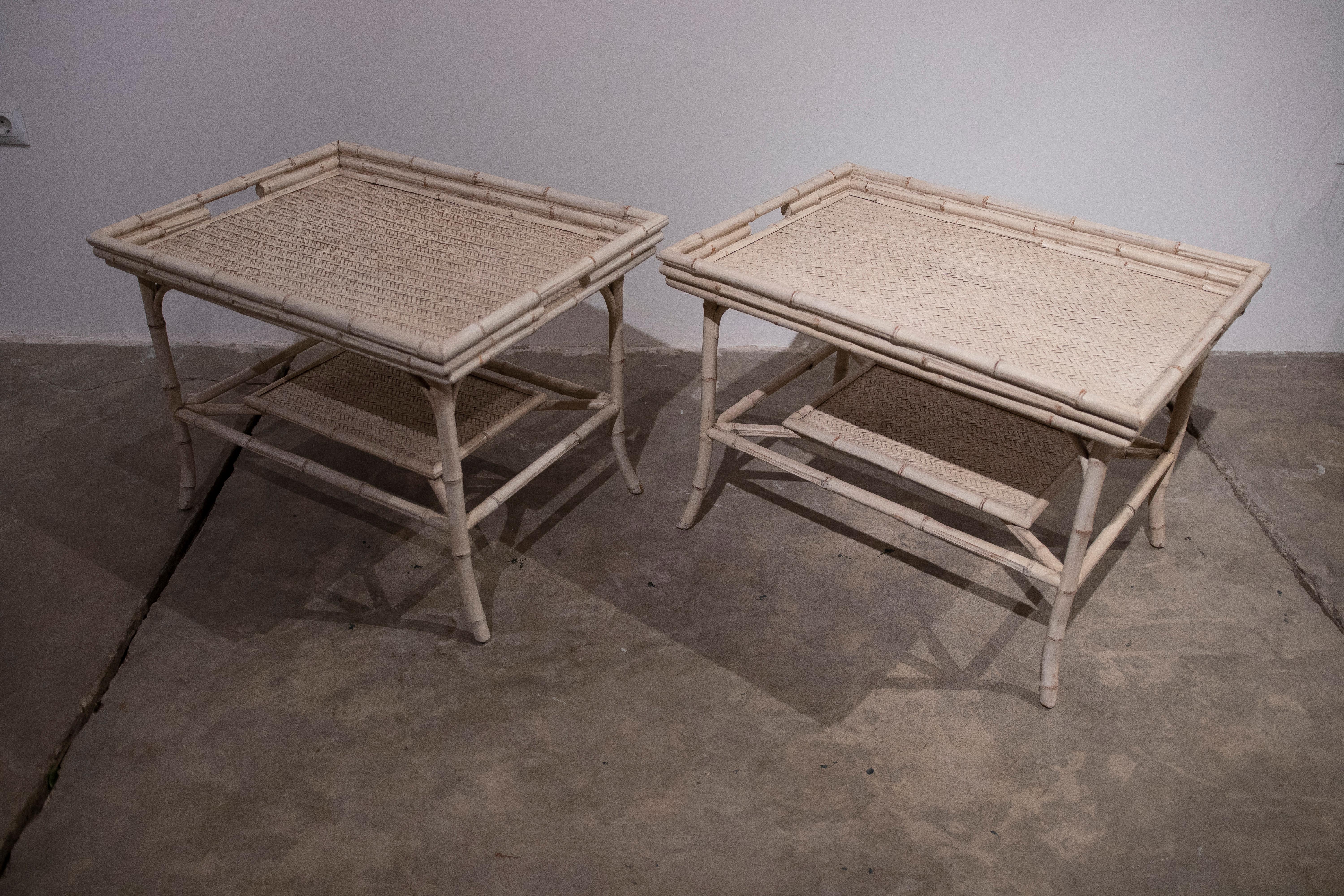 1980s Pair of Bamboo and Wicker Tables with Removable Tray  12