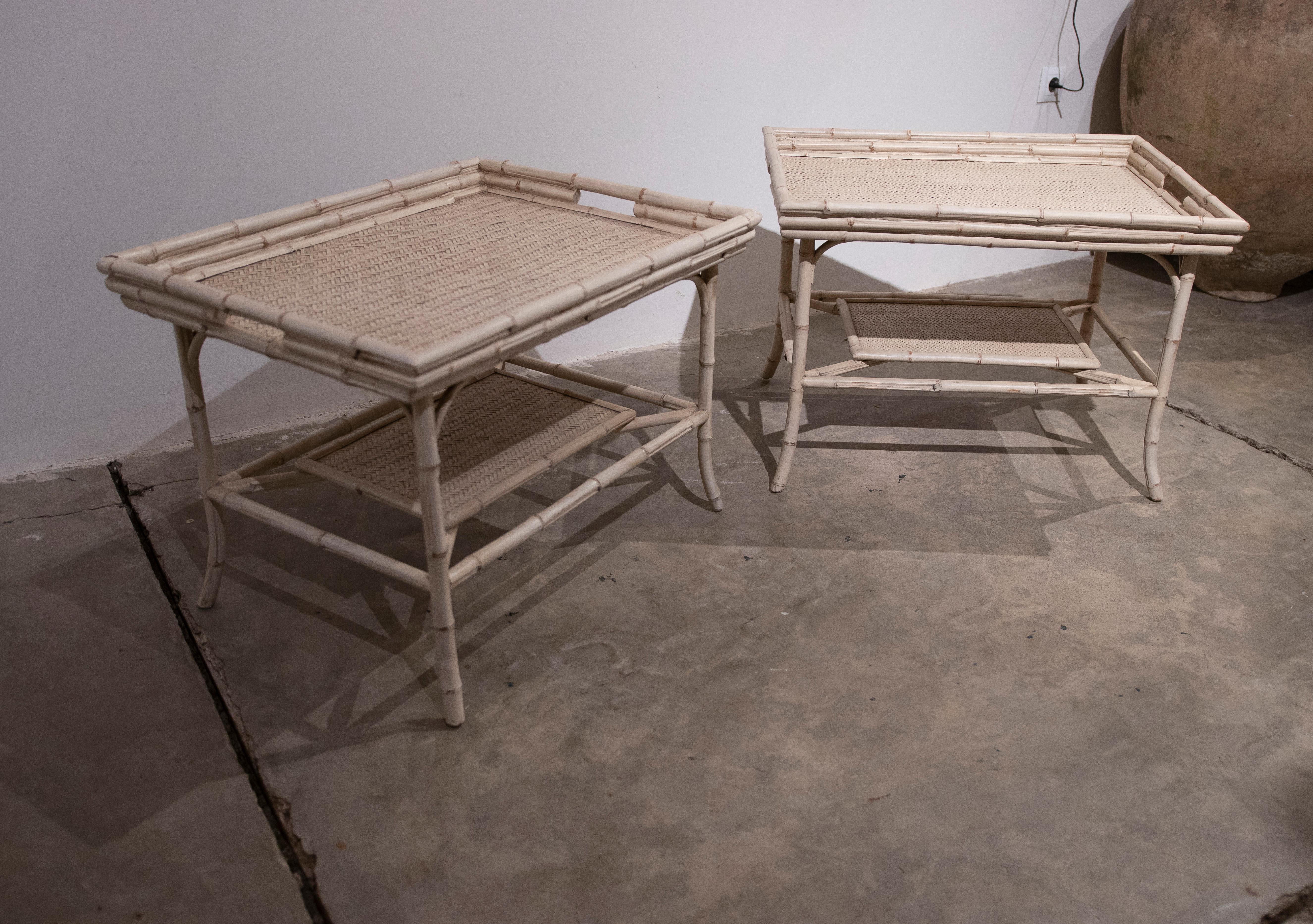 Spanish 1980s Pair of Bamboo and Wicker Tables with Removable Tray 