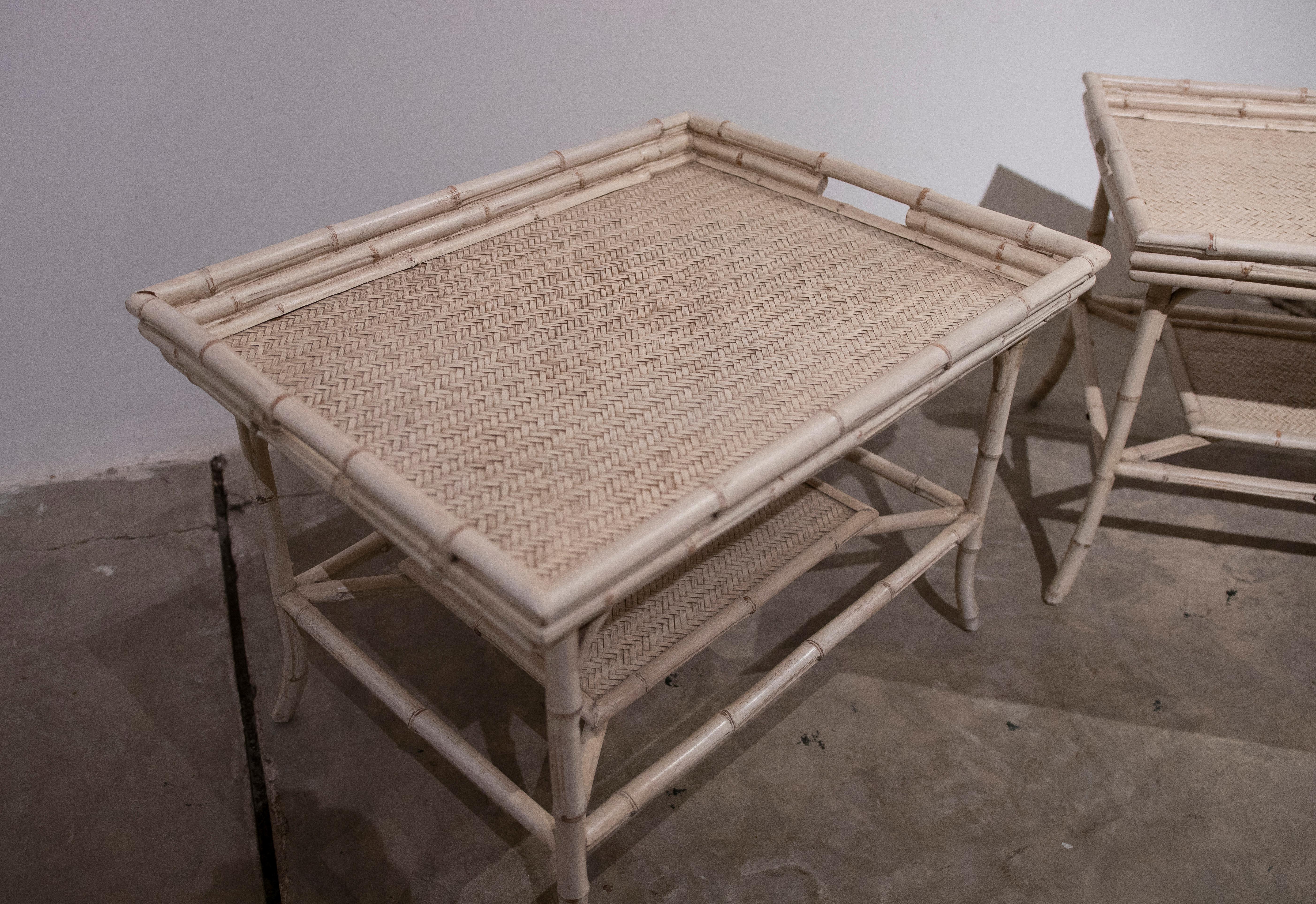 20th Century 1980s Pair of Bamboo and Wicker Tables with Removable Tray 