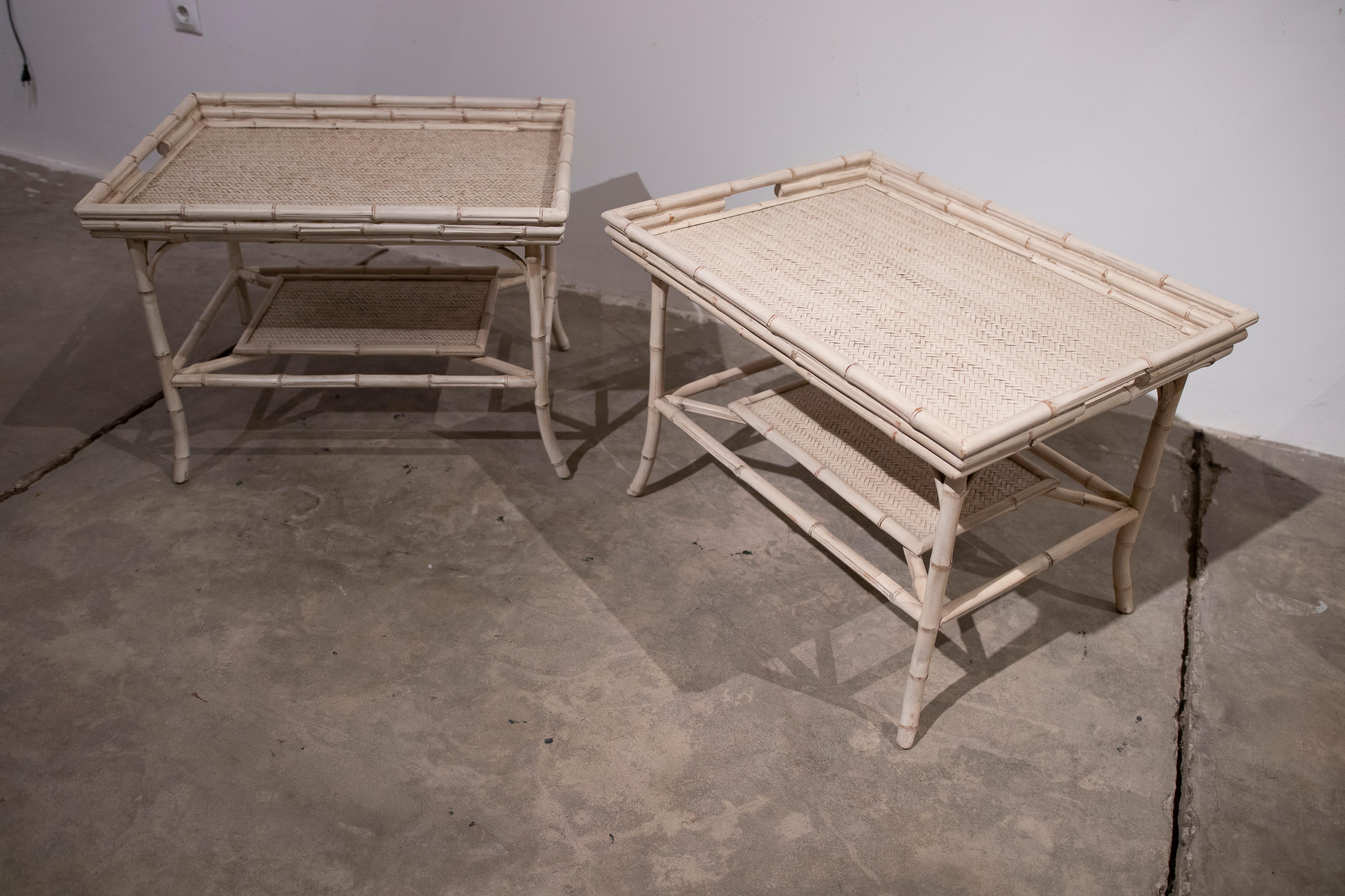 1980s Pair of Bamboo and Wicker Tables with Removable Tray  2