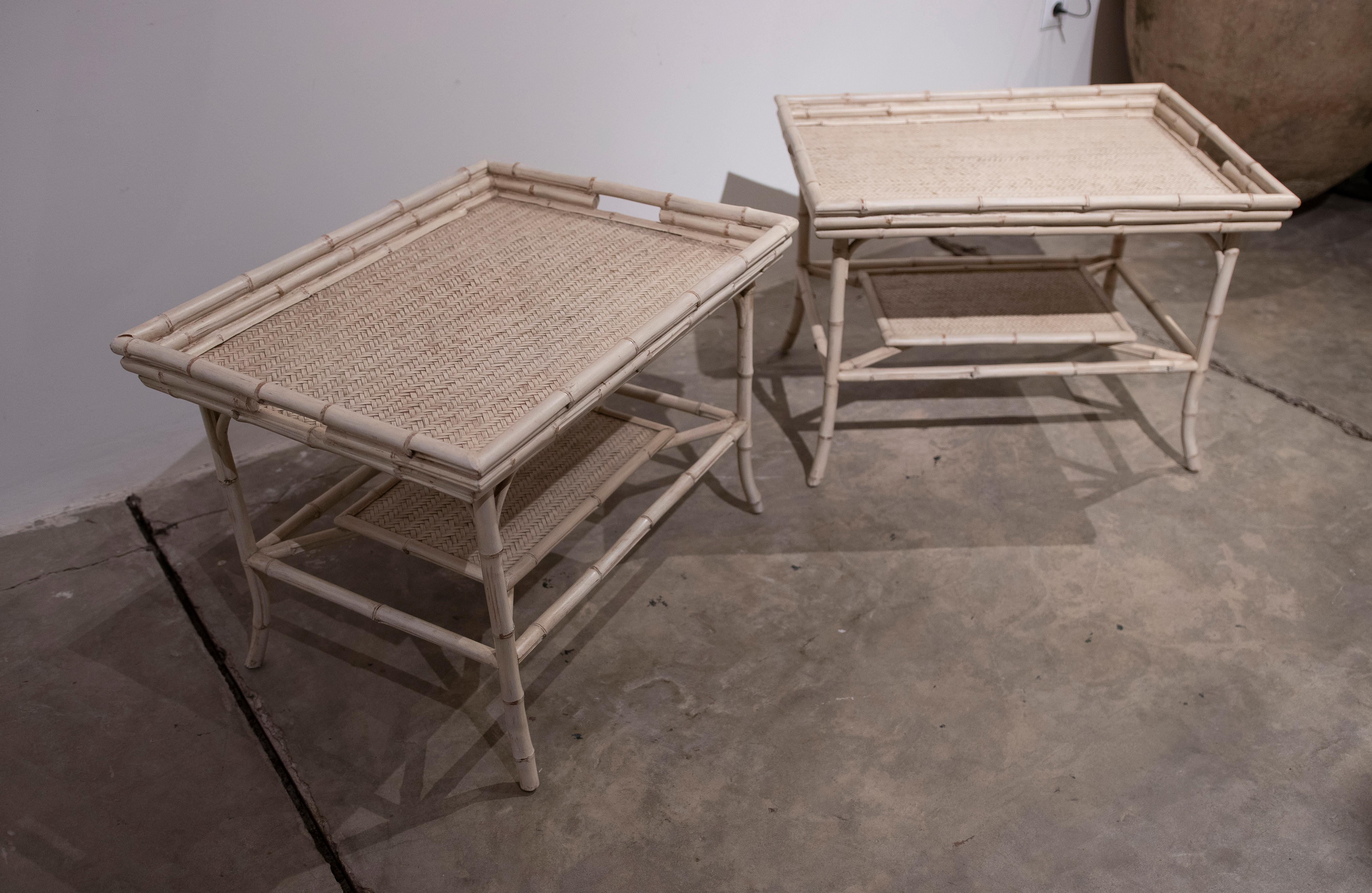 1980s Pair of Bamboo and Wicker Tables with Removable Tray  4