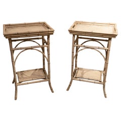 Paire de tables en bambou et osier des années 1980 avec plateau amovible