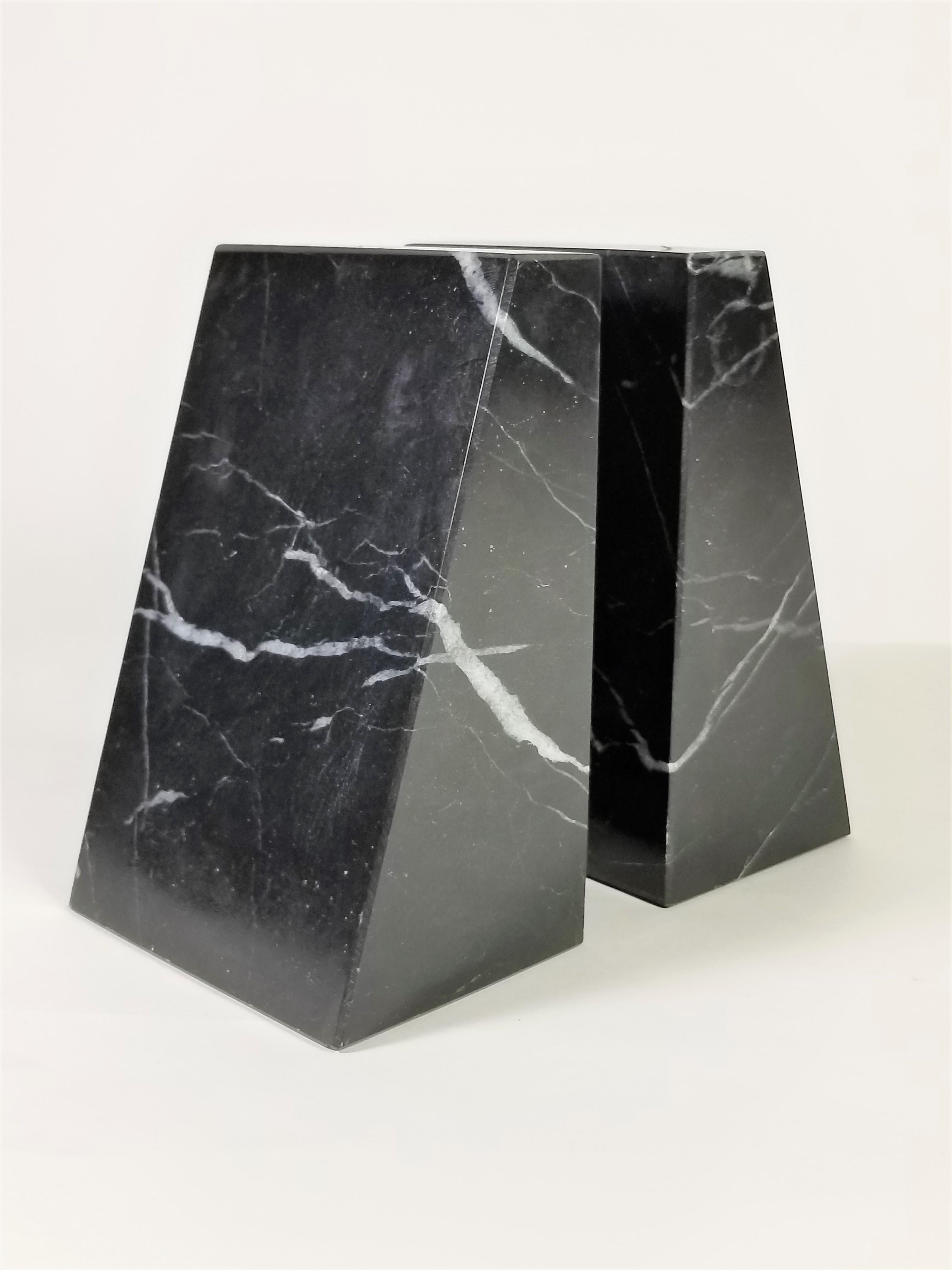 midcentury 1970s 1980s Pair of Marble Bookends. Black with white veining. Geometric design. Solid Marble.
