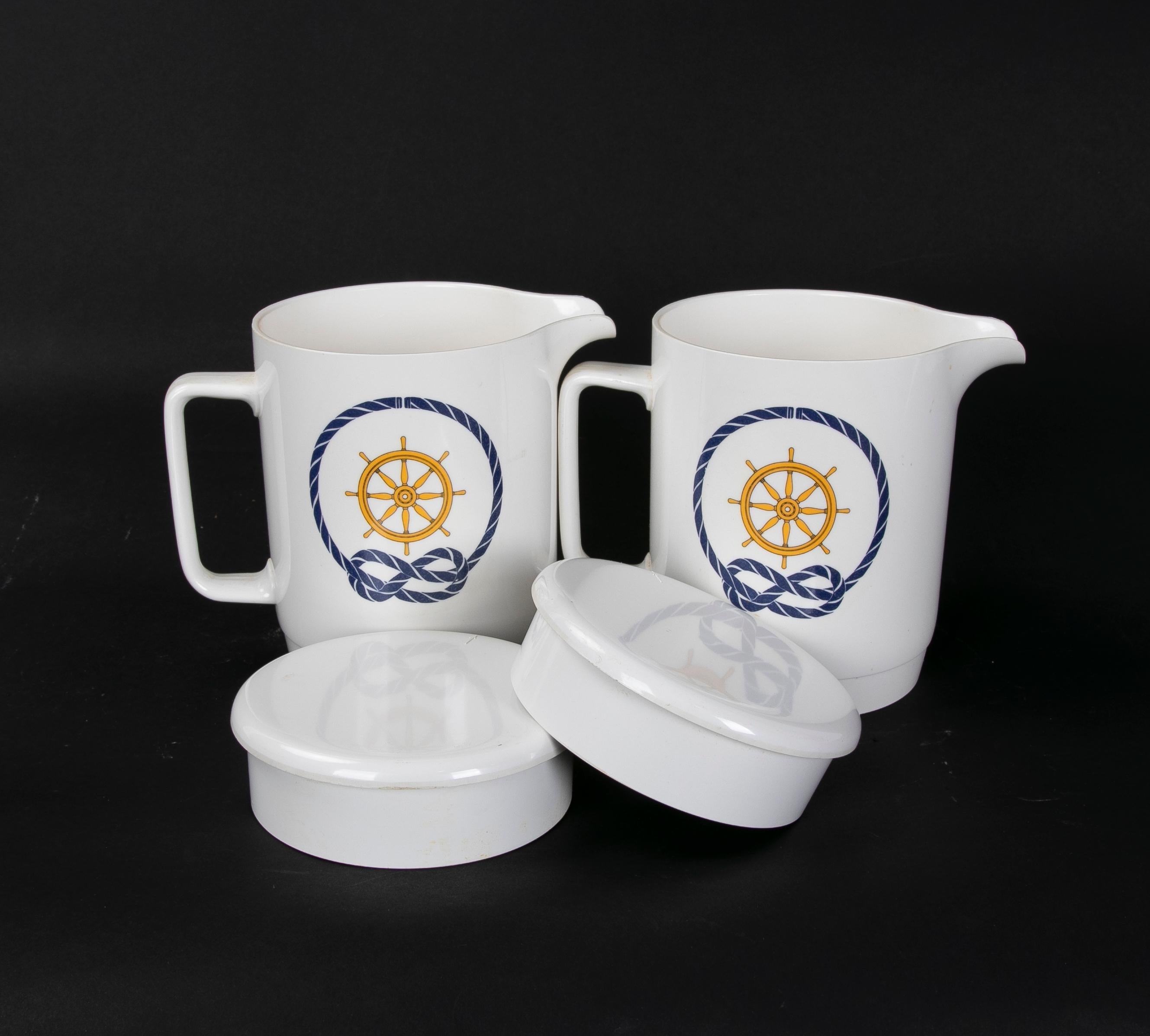 1980s Pair of boat mugs with sailor decoration design By A. Opel.