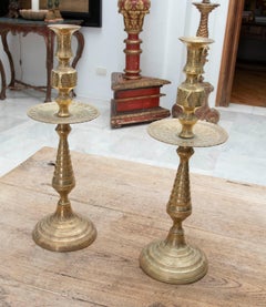 1980s Pair of Bronze Candlesticks with Hand-Carved Geometric Decorations