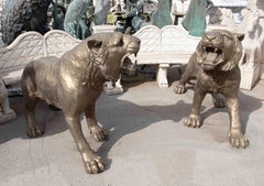 1980s Pair of Bronze Sculptures of Roaring Lions