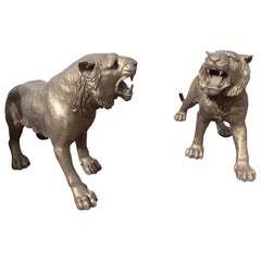 1980s Pair of Bronze Sculptures of Roaring Lions