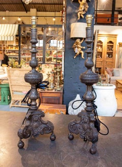 1980s Pair of Candlestick Table Lamps in Embossed Metal