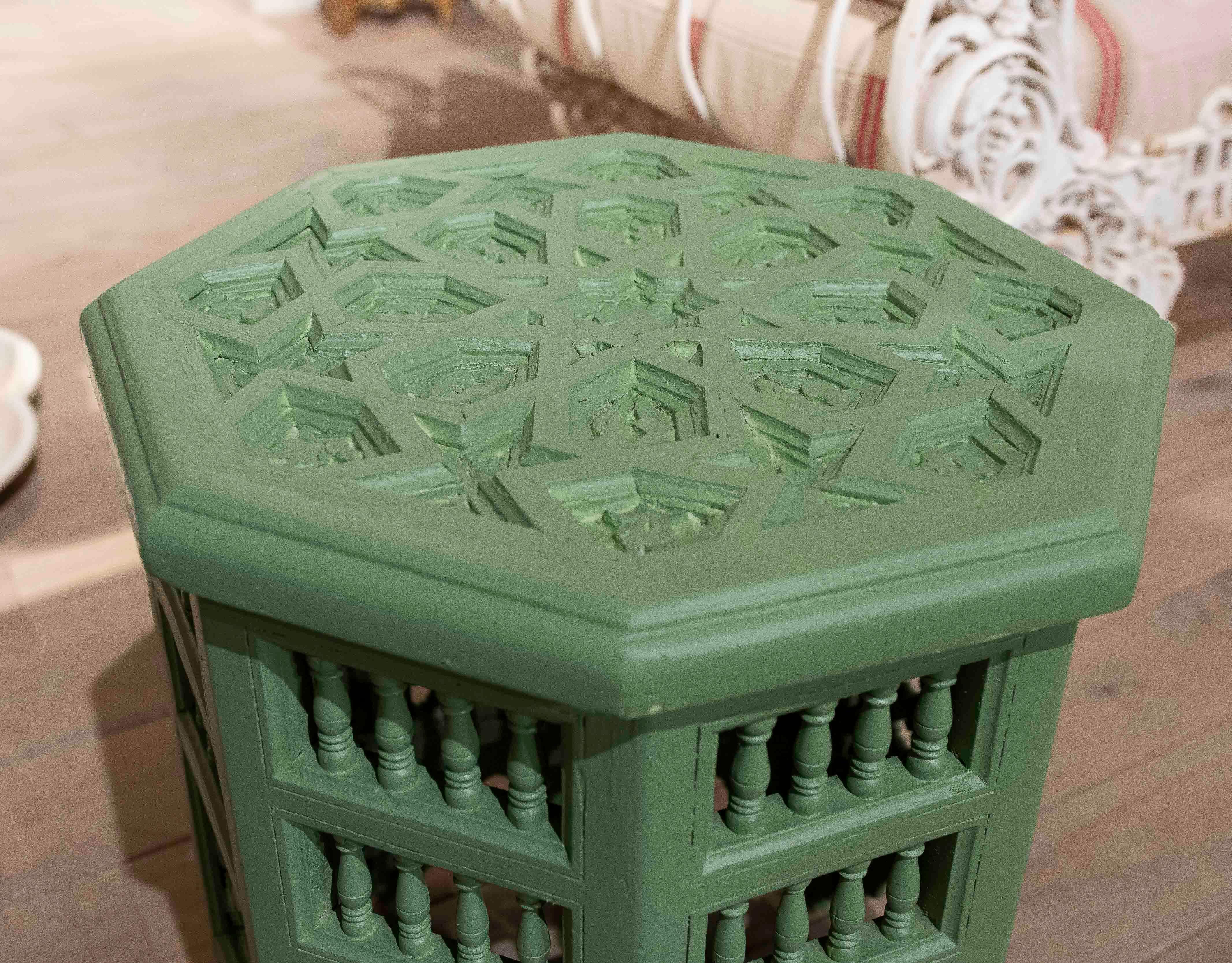 Bamboo 1980s Pair of Carved Wooden Side Tables in Arabic Style in Green Colour
