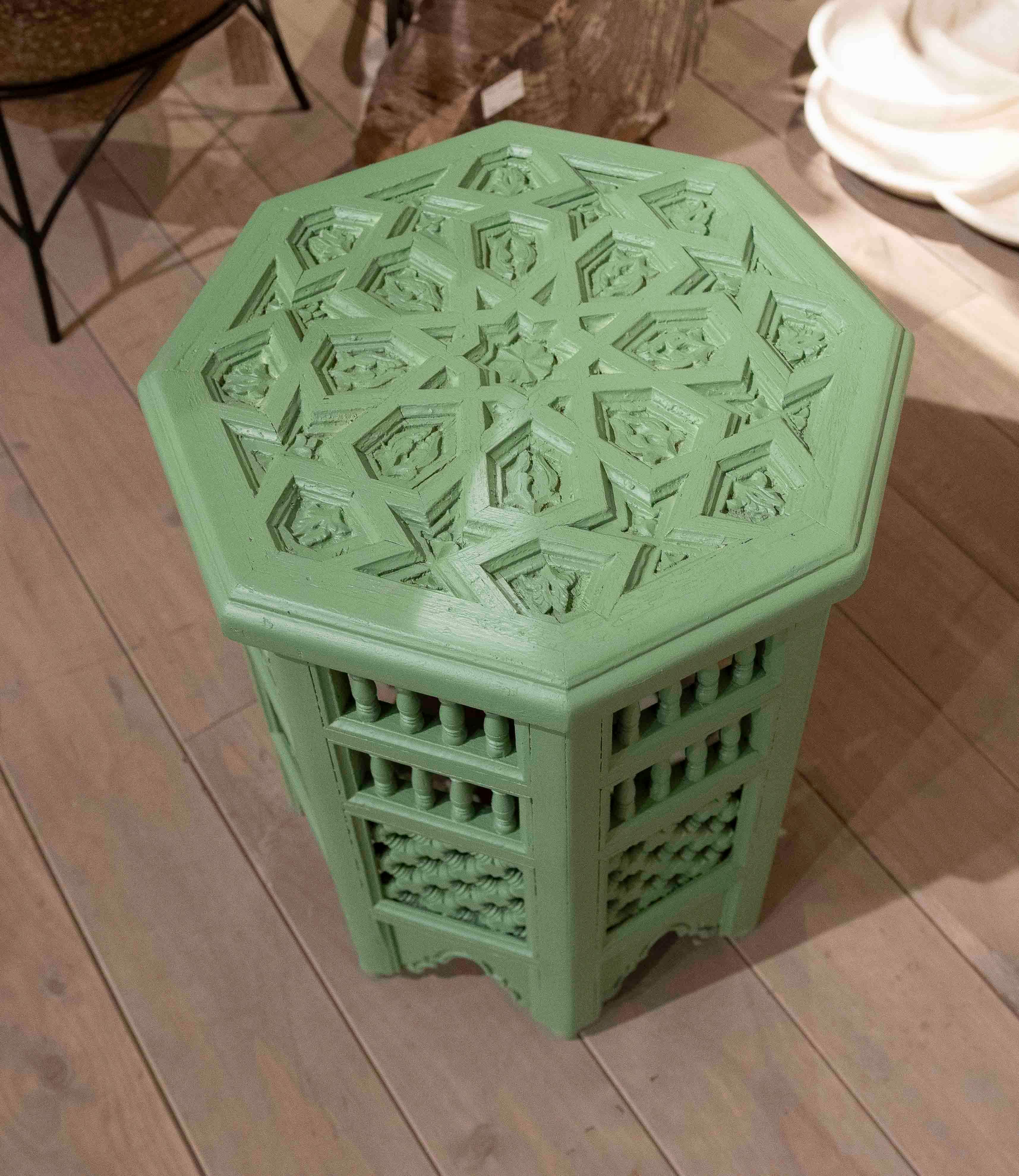 1980s Pair of Carved Wooden Side Tables in Arabic Style in Green Colour 2