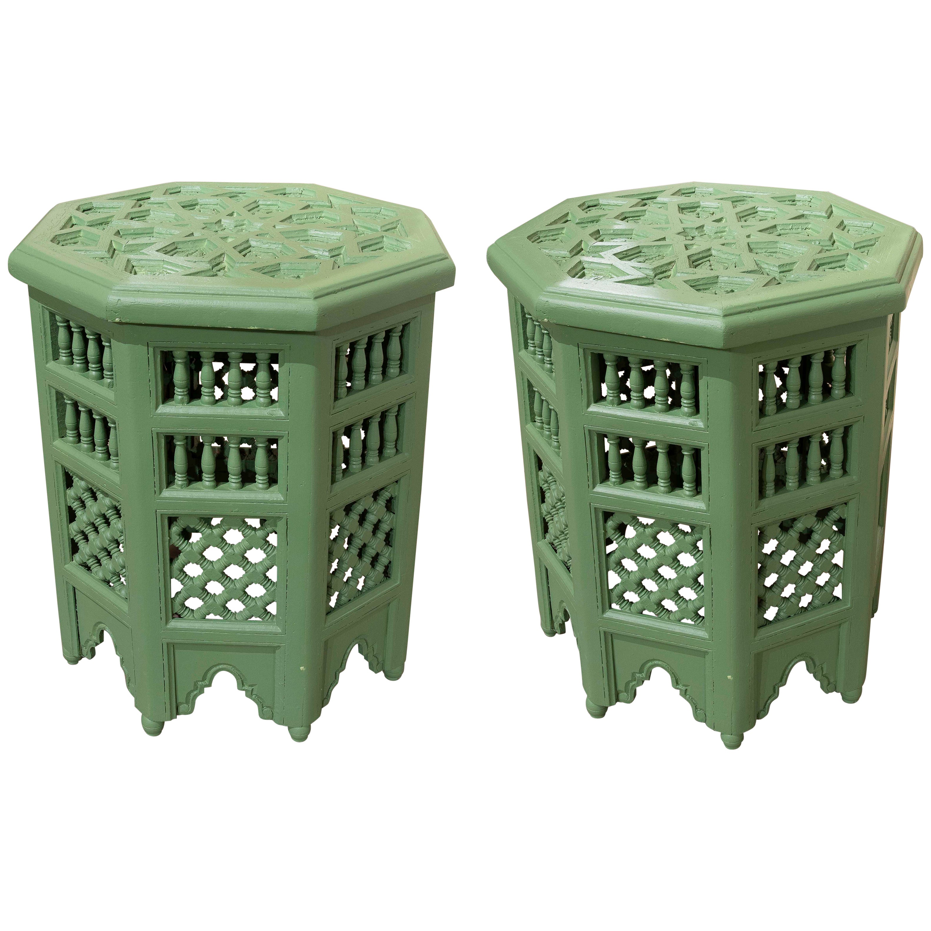 1980s Pair of Carved Wooden Side Tables in Arabic Style in Green Colour