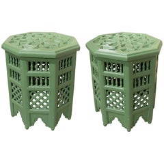 1980s Pair of Carved Wooden Side Tables in Arabic Style in Green Colour