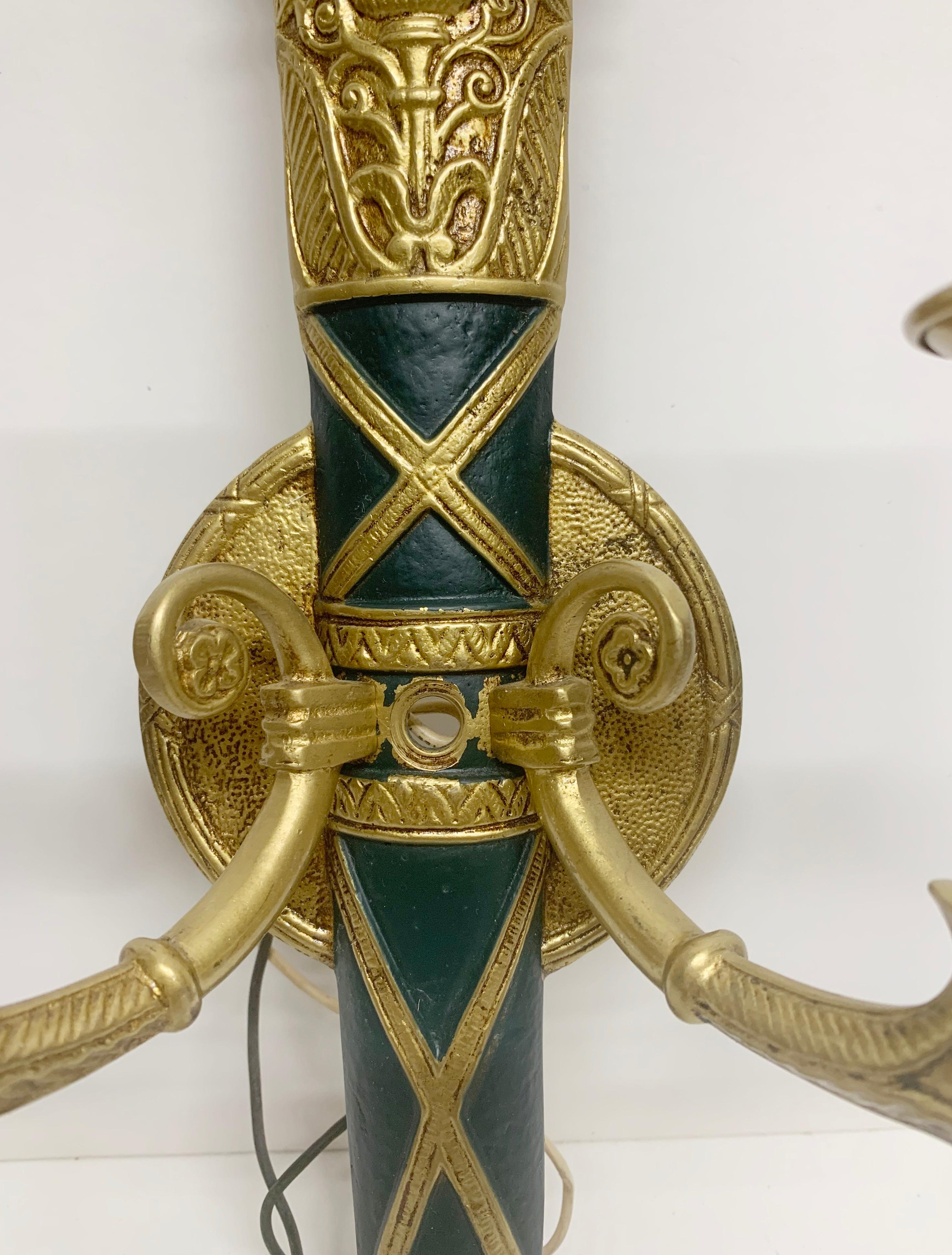Late 20th Century 1980s Pair of Cast Brass NYC Waldorf Astoria Hotel Empire Horn & Torche Sconces