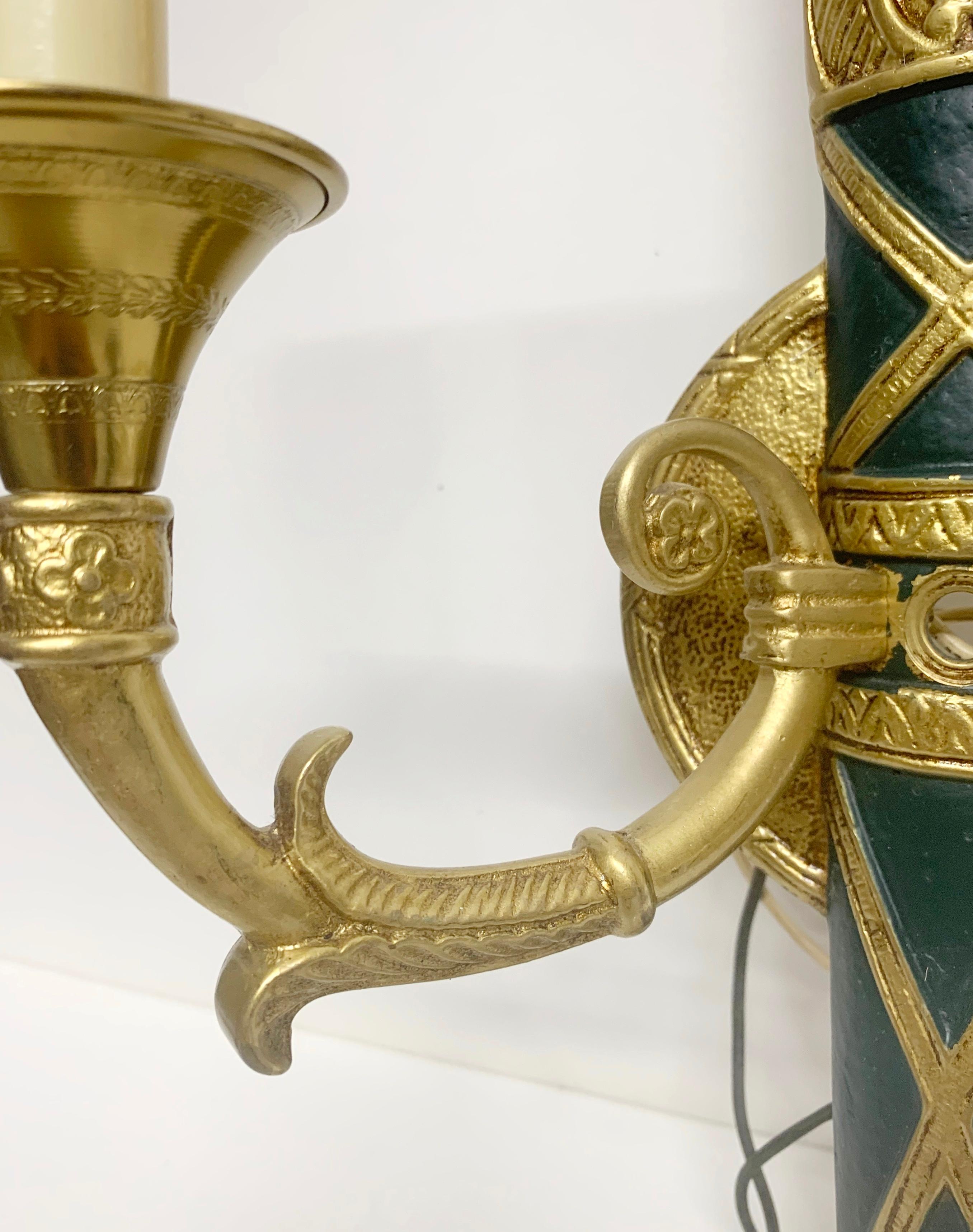 1980s Pair of Cast Brass NYC Waldorf Astoria Hotel Empire Horn & Torche Sconces 2