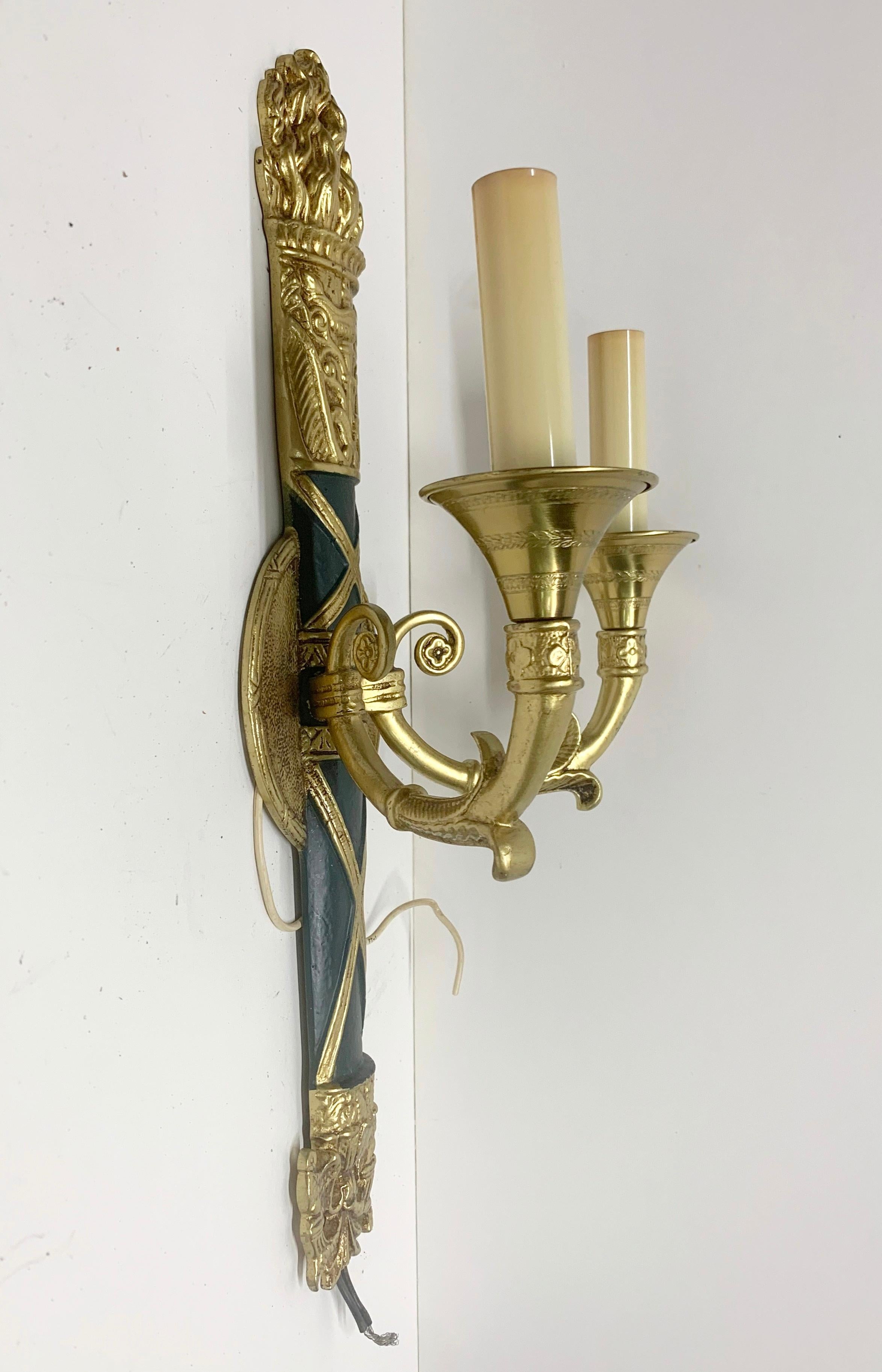 1980s Pair of Cast Brass NYC Waldorf Astoria Hotel Empire Horn & Torche Sconces 3