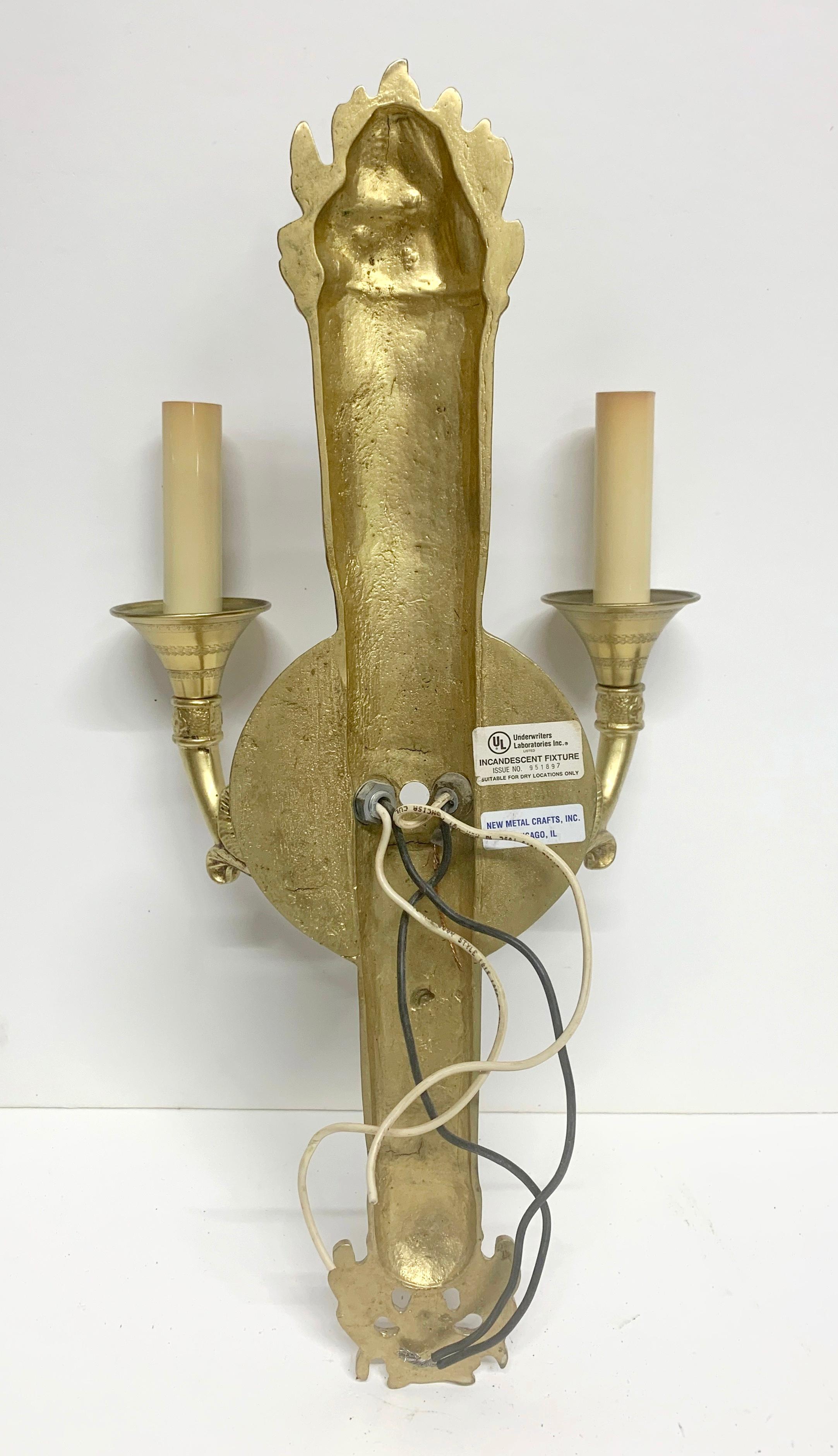 1980s Pair of Cast Brass NYC Waldorf Astoria Hotel Empire Horn & Torche Sconces 4