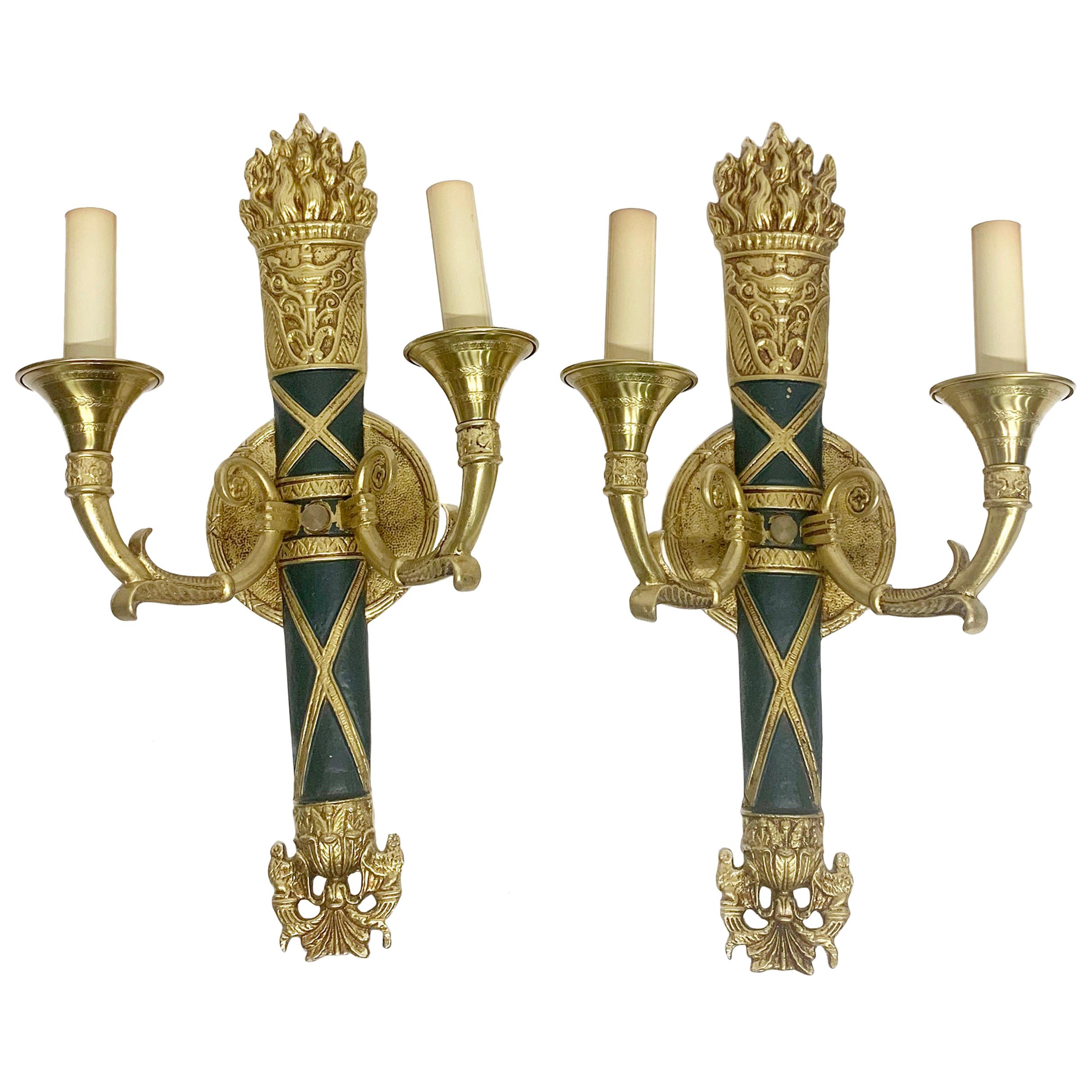 1980s Pair of Cast Brass NYC Waldorf Astoria Hotel Empire Horn & Torche Sconces