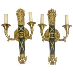 1980s Pair of Cast Brass NYC Waldorf Astoria Hotel Empire Horn & Torche Sconces