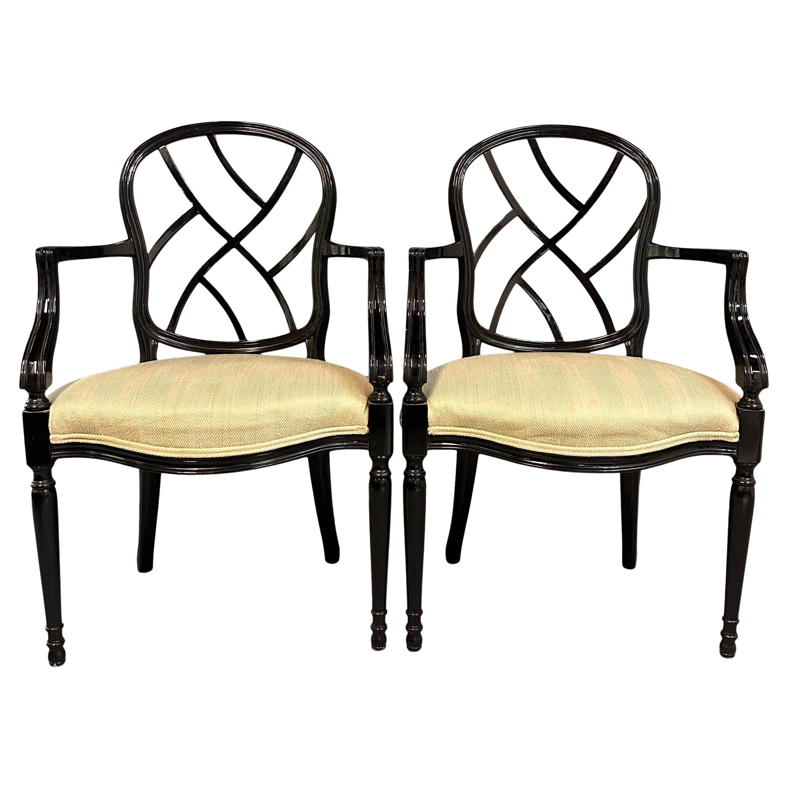 1980s Pair of Century Furniture Chinoiserie Black Lacquer Armchairs