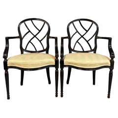 1980s Pair of Century Furniture Chinoiserie Black Lacquer Armchairs