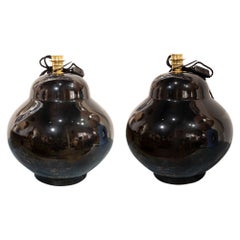 1980s Pair of Ceramic Lamps in Black Shade