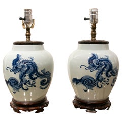 1980s Pair of Chinese Tibor Lamps with Wooden Decoration