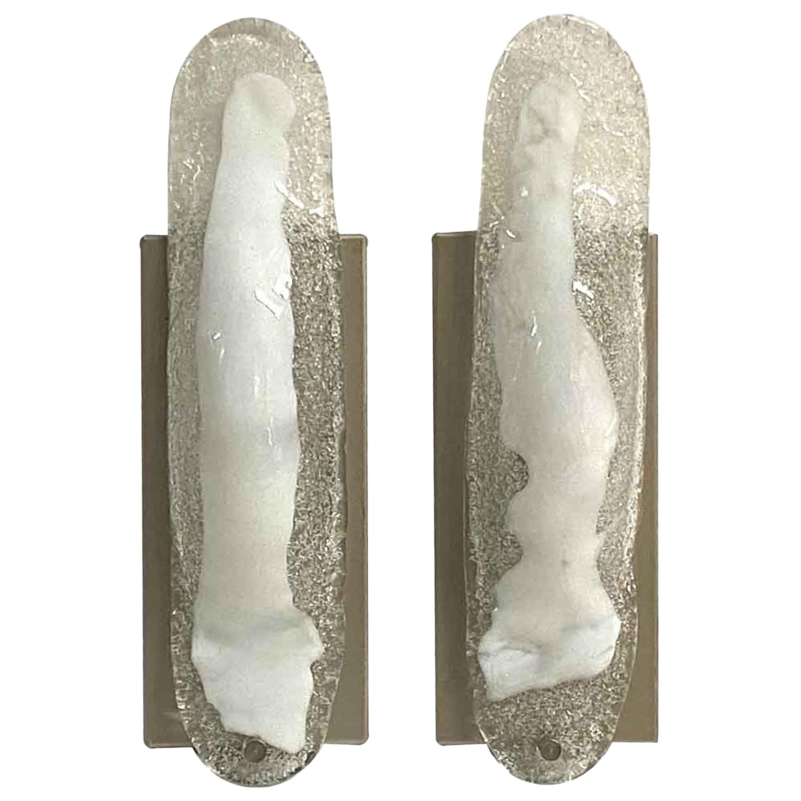 1980s Pair of Clear and White Blown Glass Wall Sconces Mid-Century Modern Murano