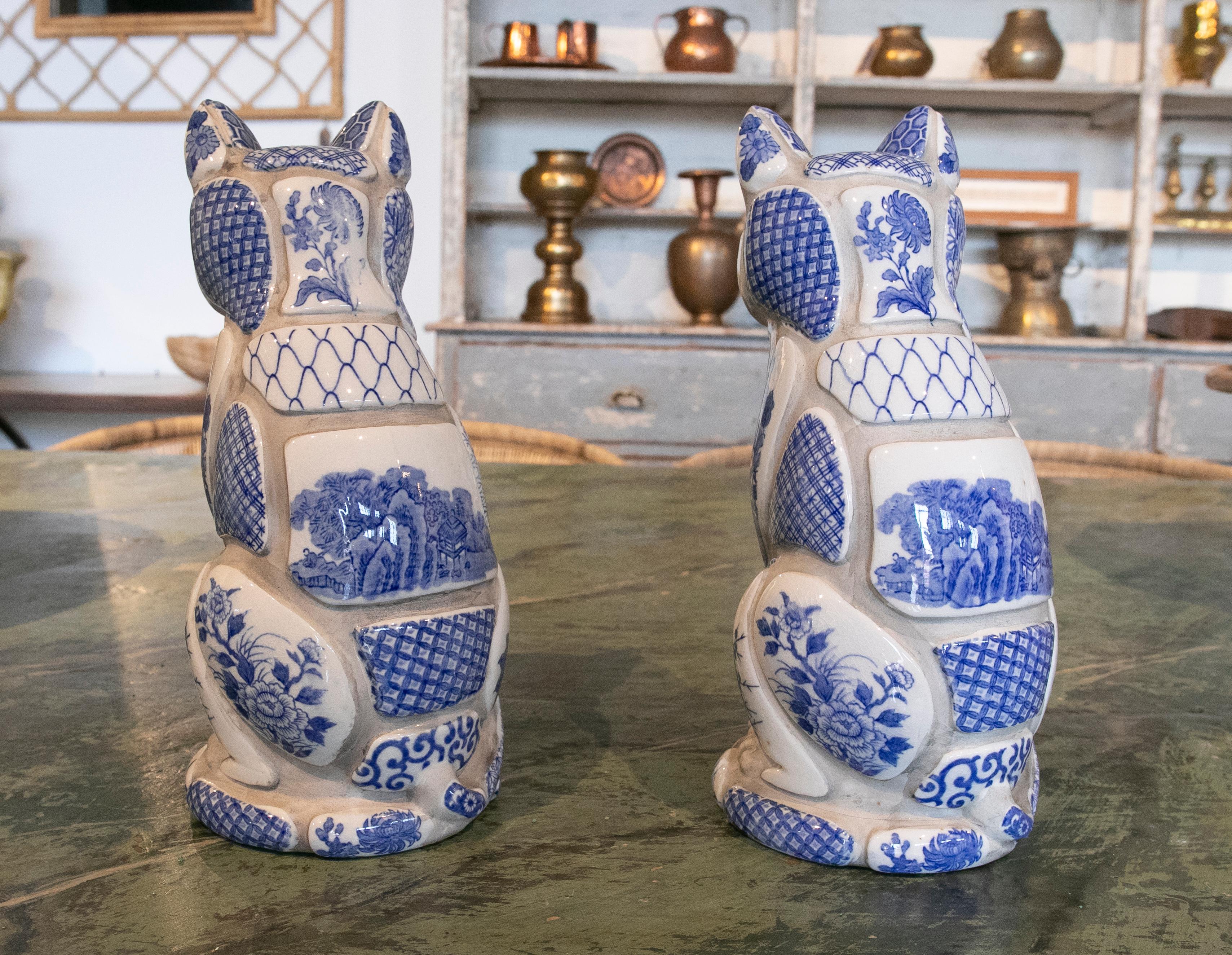 Dutch 1980s Pair of Delft Ceramic Cats