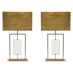 1980s Pair of Fontana Arte Style Brass and Clear Glass Table Lamps Italian