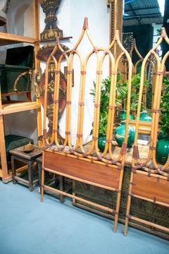1980s Pair of French Bamboo and Leather Bed Headboards
