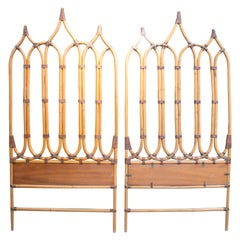 Retro 1980s Pair of French Bamboo and Leather Bed Headboards