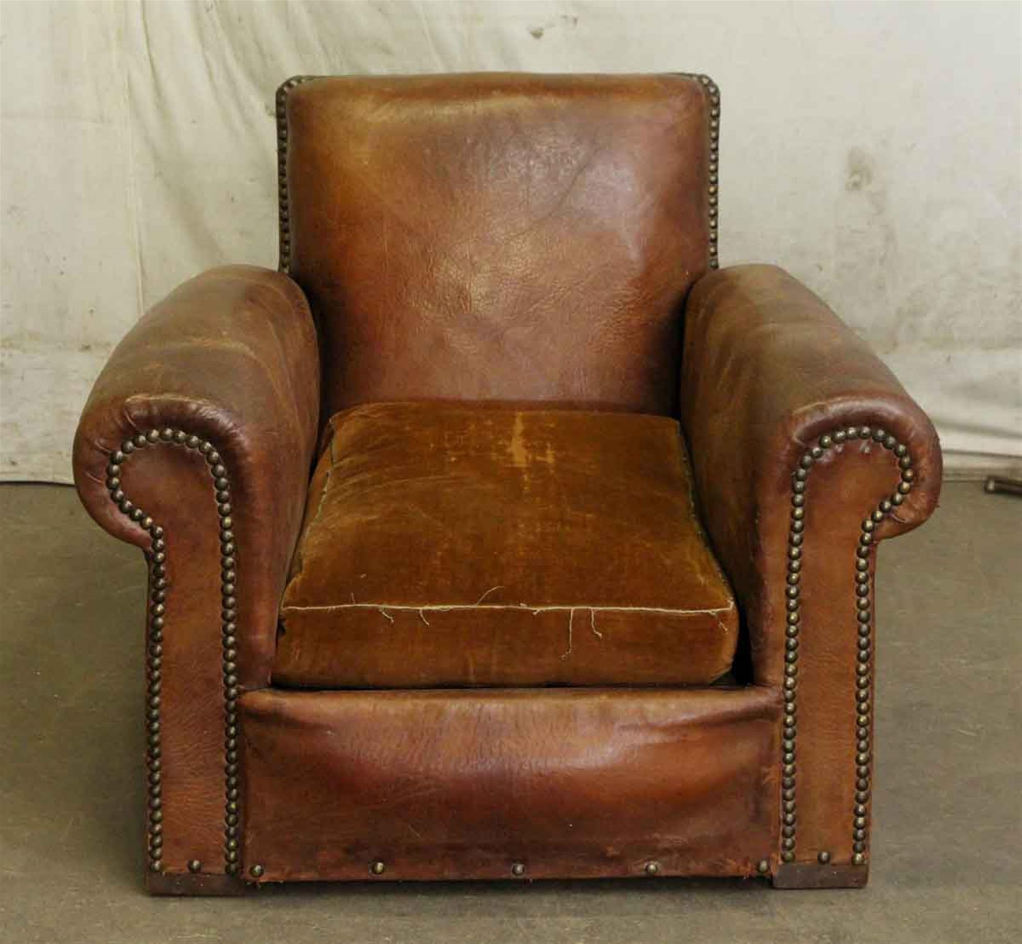 1980s Pair of French Beefy Leather Club Chairs In Distressed Condition In New York, NY