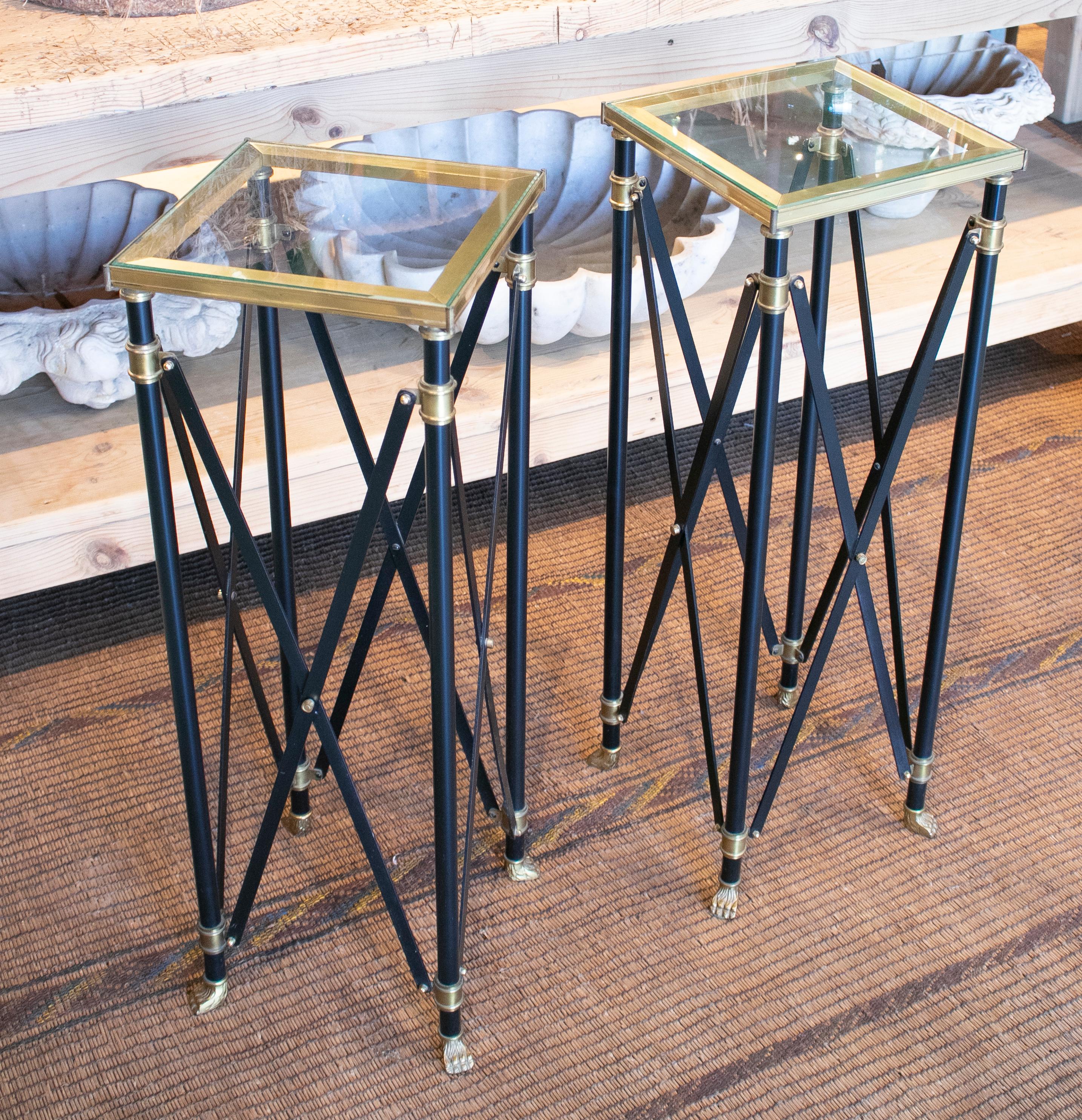 20th Century 1980s Pair of French Designed Bronze Auxiliary Tall Tables with Lion Claw Feet