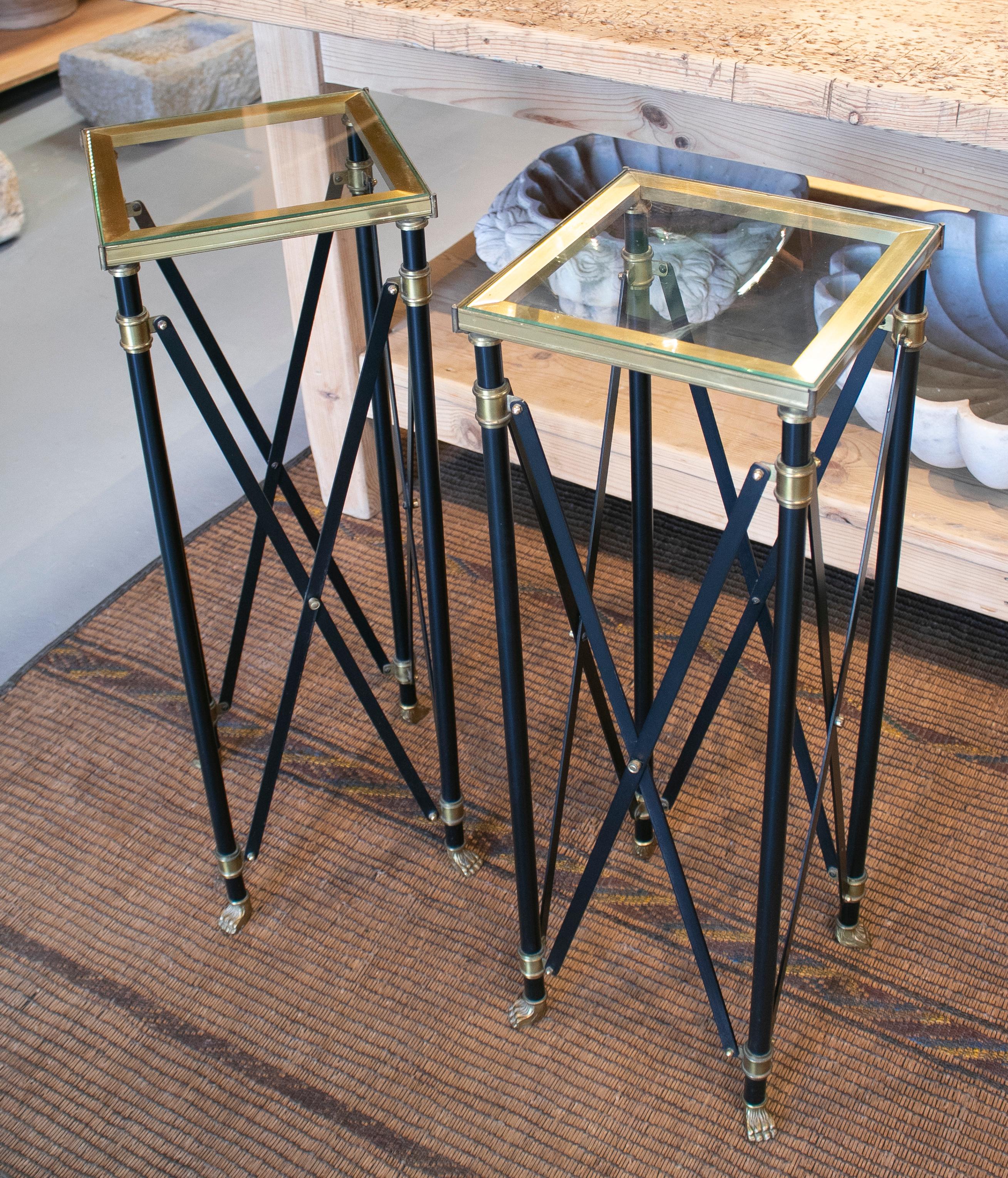 1980s Pair of French Designed Bronze Auxiliary Tall Tables with Lion Claw Feet 1