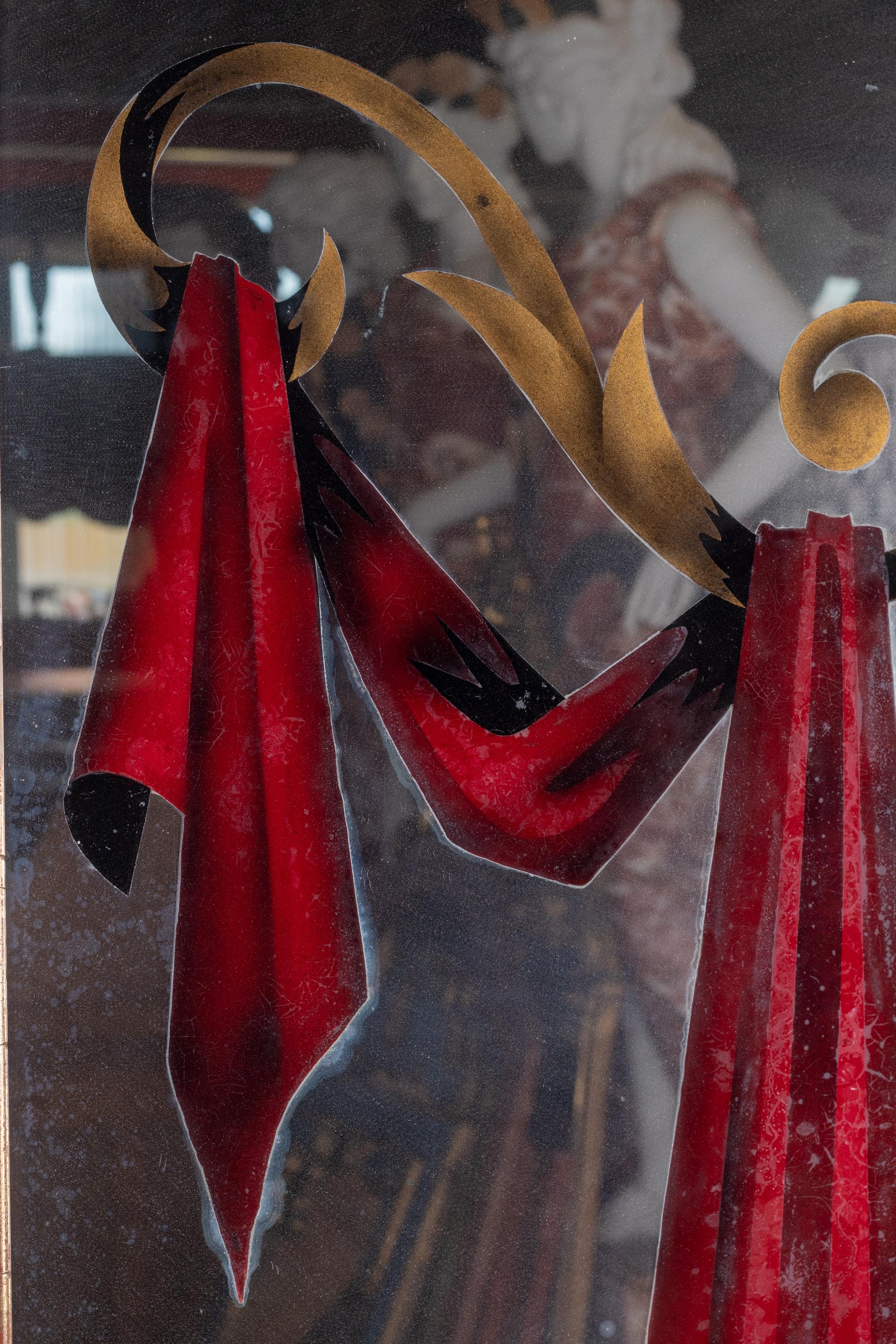 1980s Pair of French Framed Mirrors with Hand Painted Red Curtains In Good Condition In Marbella, ES