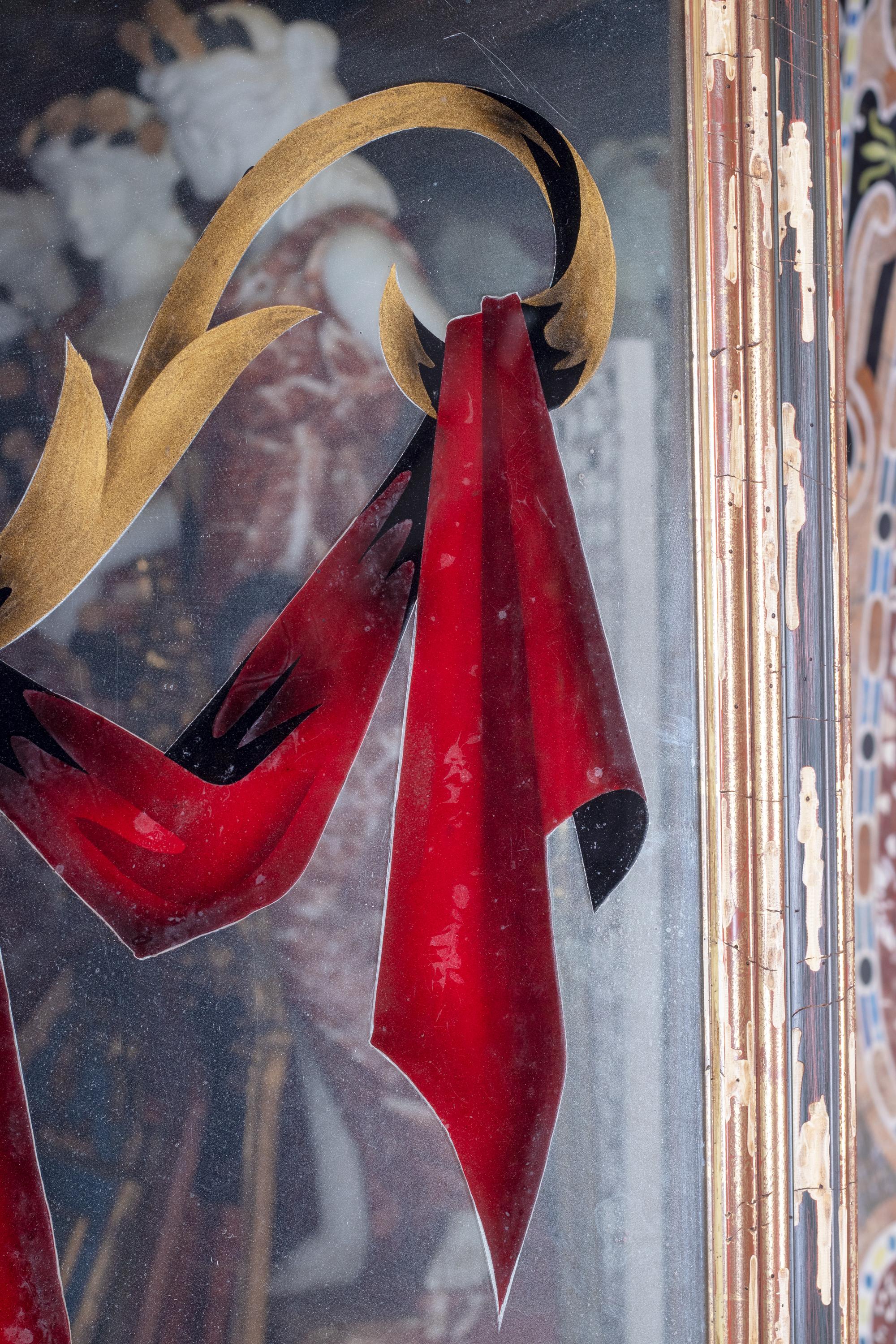 1980s Pair of French Framed Mirrors with Hand Painted Red Curtains 4