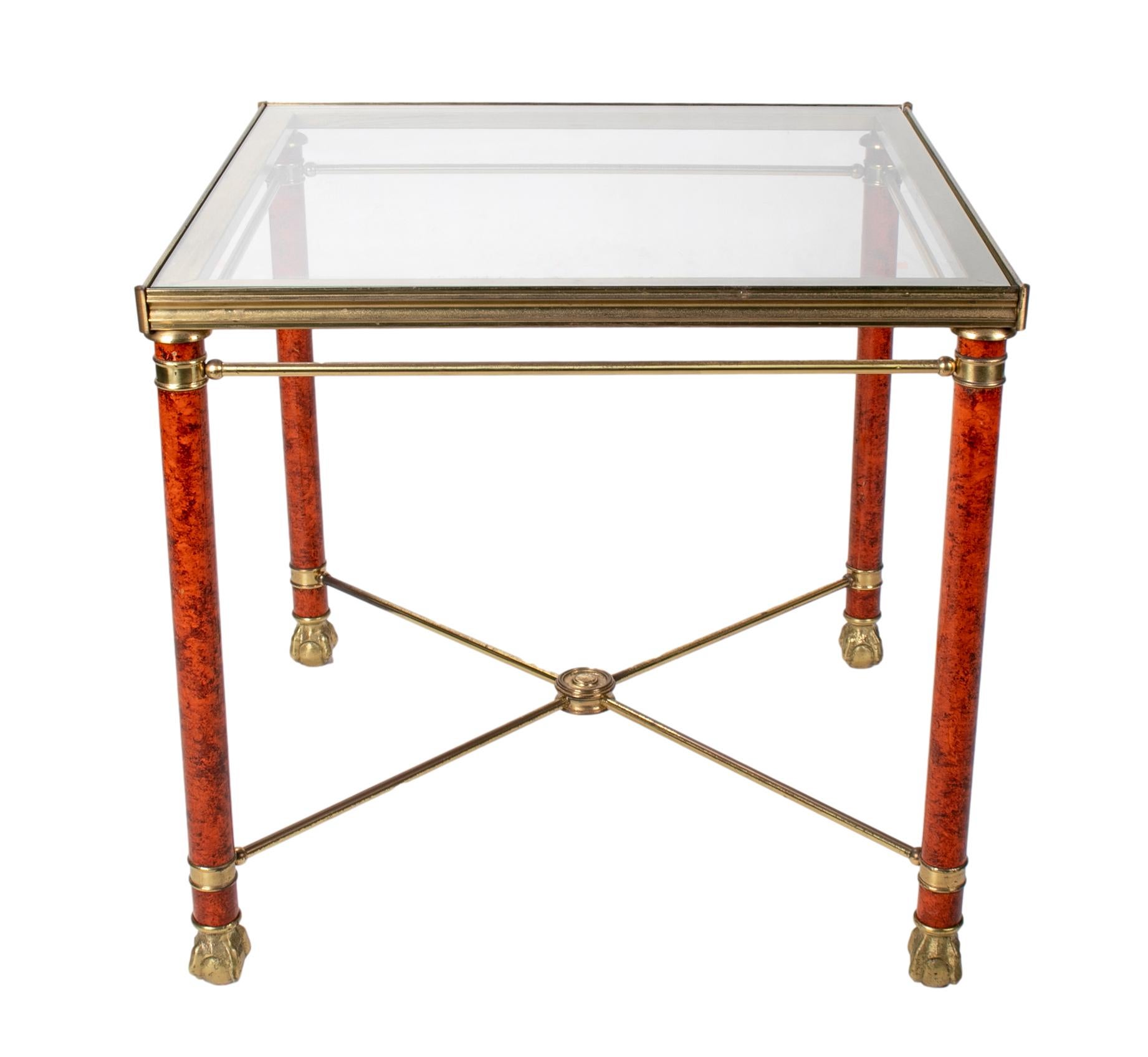 1980s pair of French gilt bronze and crystal side tables with lion claw feet.