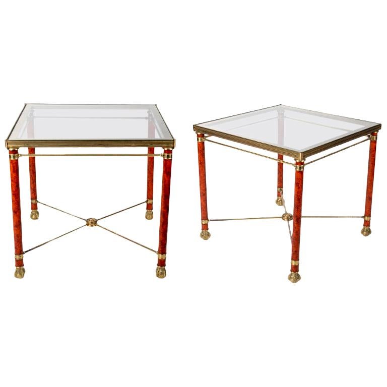 1980s Pair of French Gilt Bronze and Crystal Side Tables with Lion Claw Feet