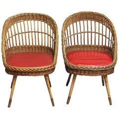 1980s Pair of French Red Rattan Chairs