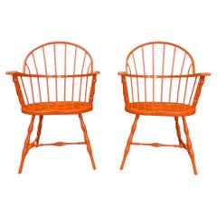 1980s Pair of Glossy Tangerine Cast Metal Windsor Windsor Bowback Arm Chairs