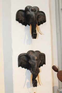 1980s Pair of Hand Carved Wooden Elephant Heads