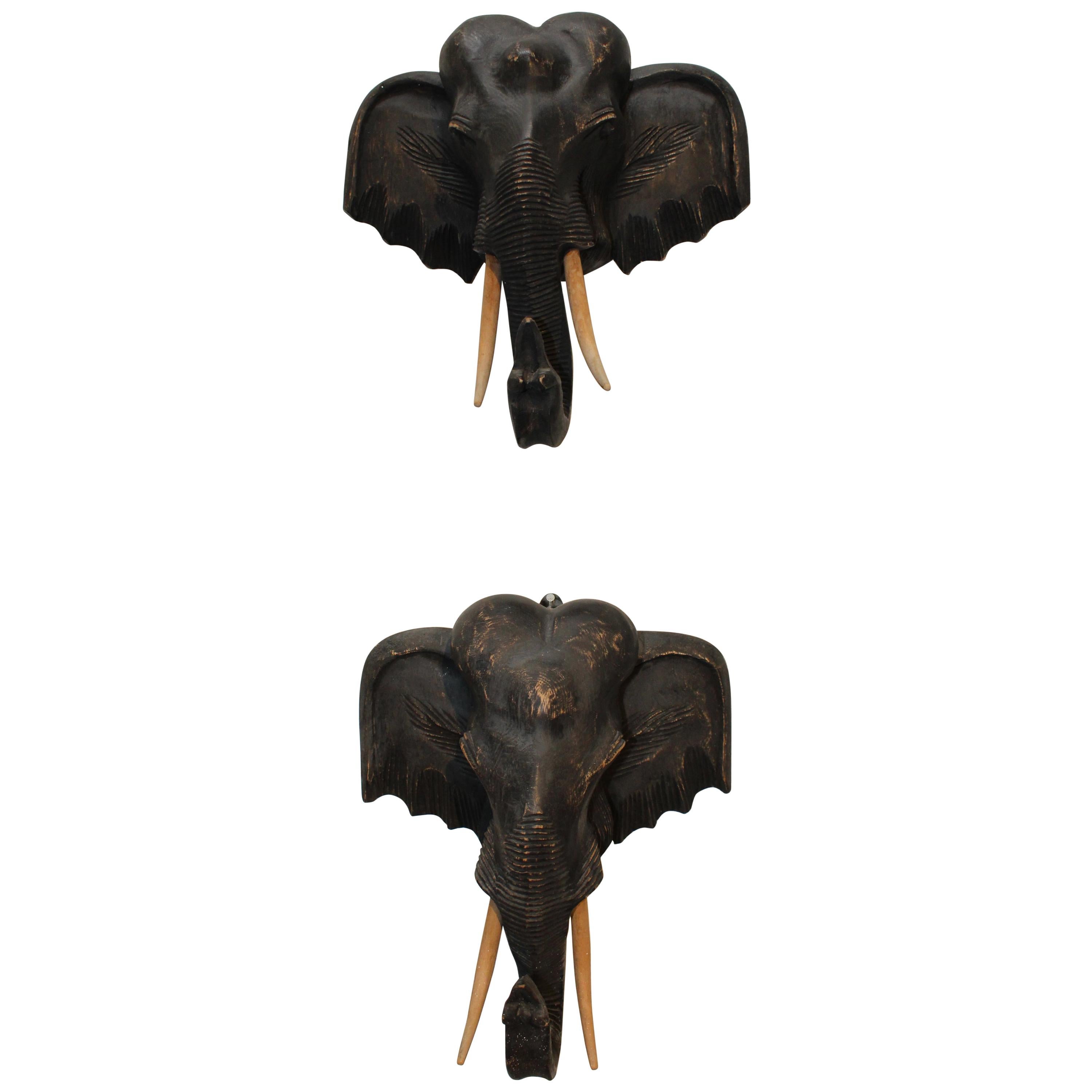 1980s Pair of Hand Carved Wooden Elephant Heads