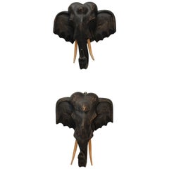 1980s Pair of Hand Carved Wooden Elephant Heads