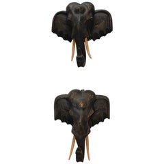 1980s Pair of Hand Carved Wooden Elephant Heads