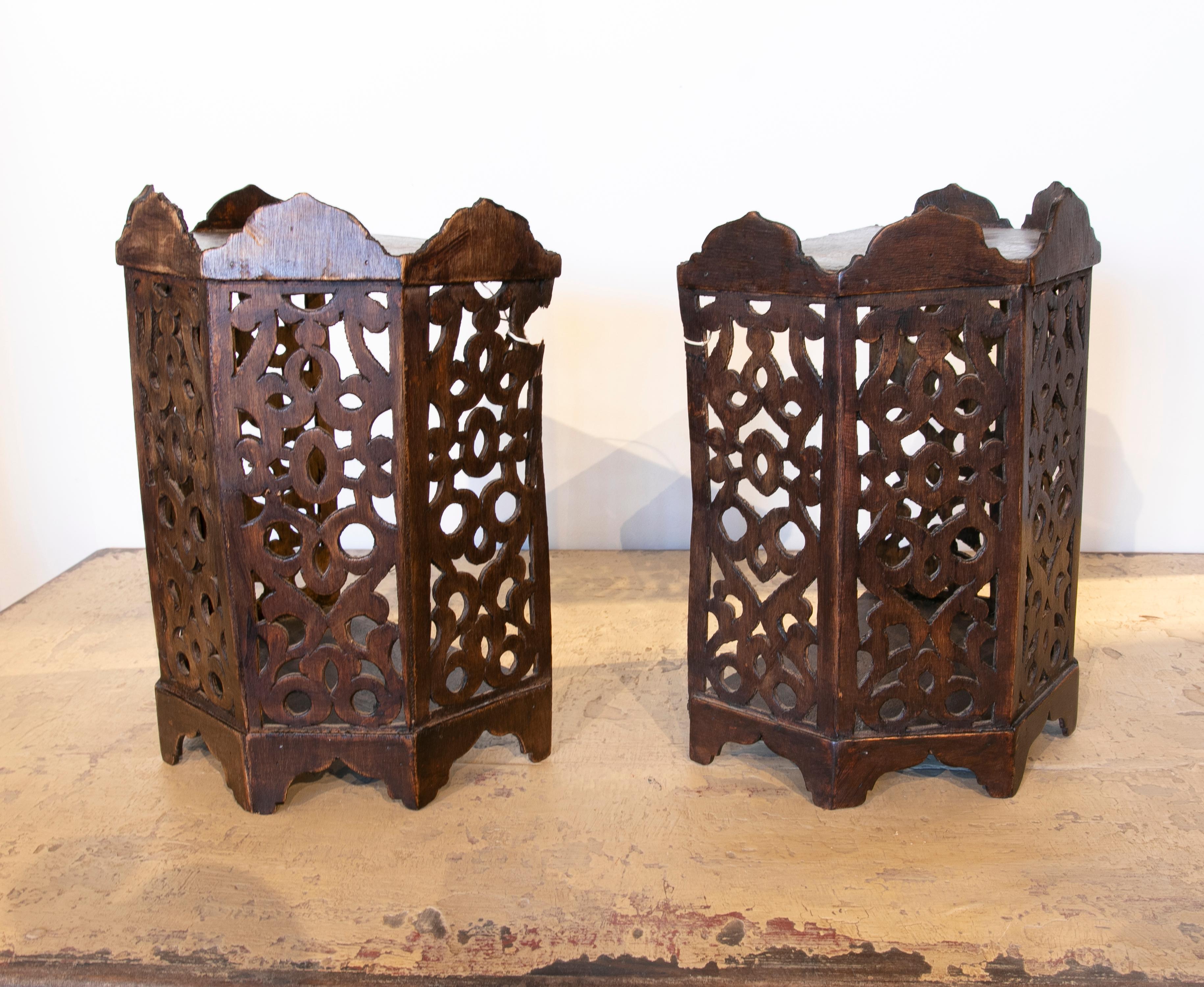 Spanish 1980s Pair of Hand Carved Wooden Wall Sconces
