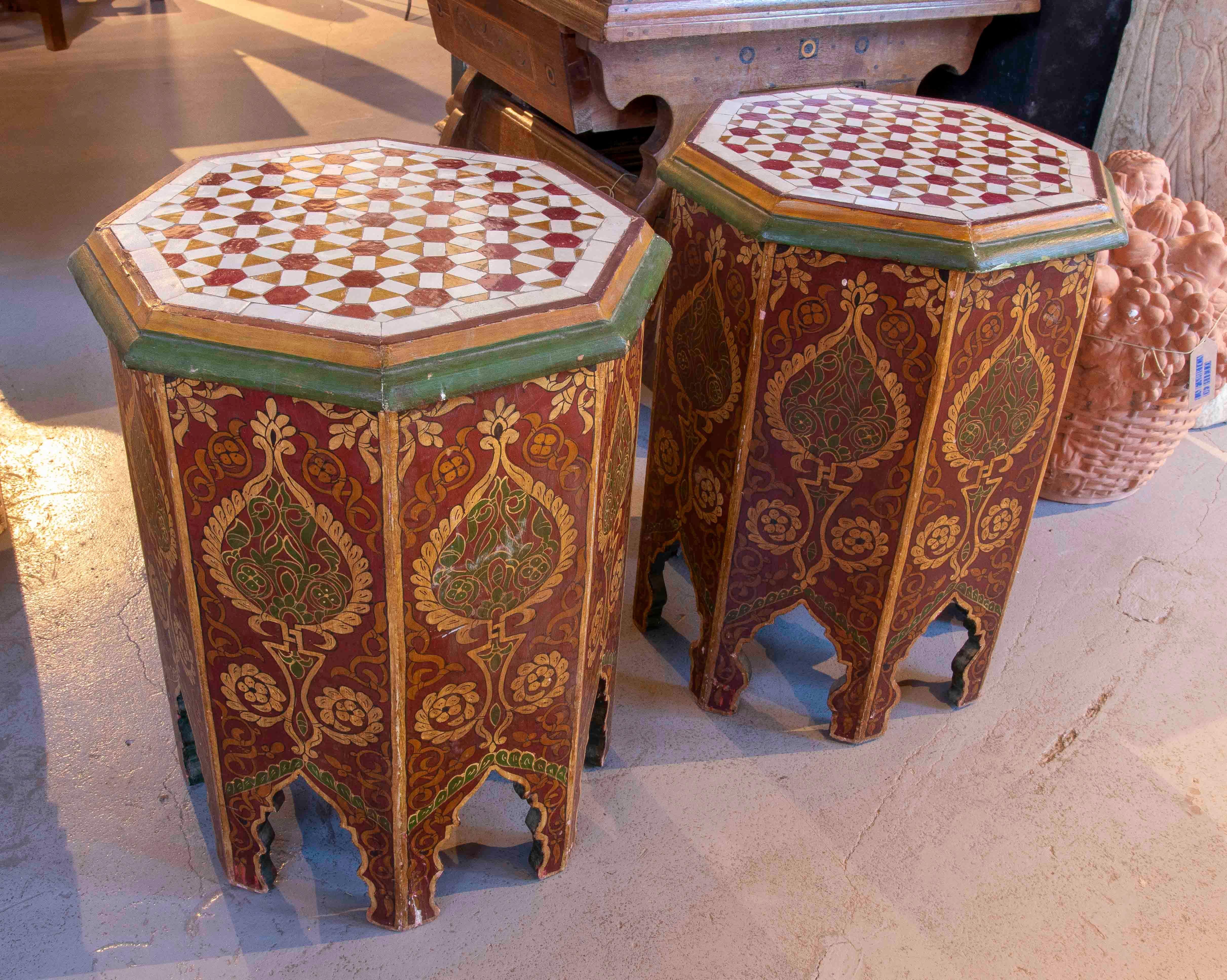 Glazed 1980s Pair of Hand-painted Moroccan Octagonal Tables, Zelige Tile Top For Sale