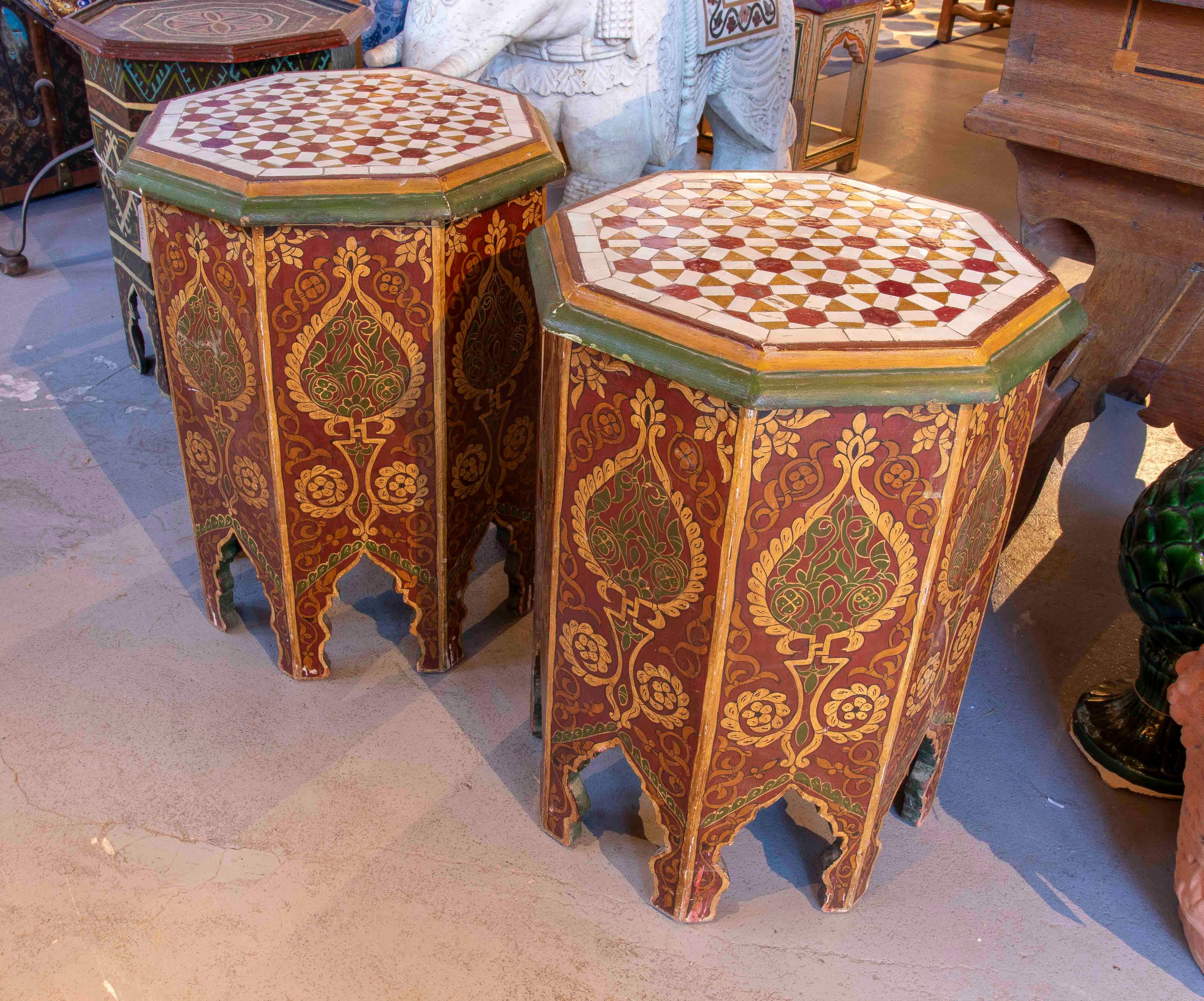 Ceramic 1980s Pair of Hand-painted Moroccan Octagonal Tables, Zelige Tile Top For Sale